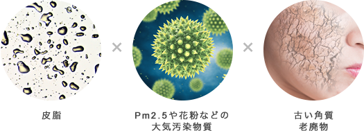 皮脂、PM2.5などの大気汚染物質、古い角質・老廃物